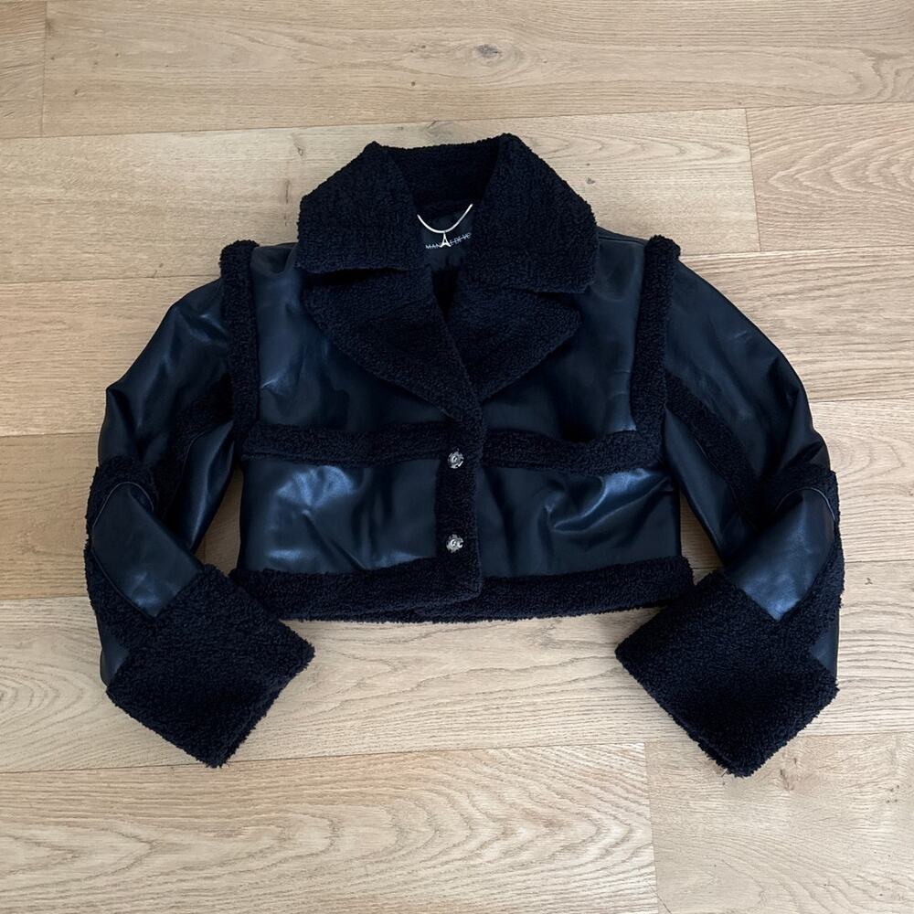 Maniere De Voir Jacket Faux Leather Plush Trim Detachable Sleeves Size US4 Black - Picture 1 of 8
